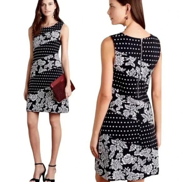 Maeve Anthro Effamy Black White Polka Dot Floral Sleeveless Knit Dress Medium - Picture 1 of 8